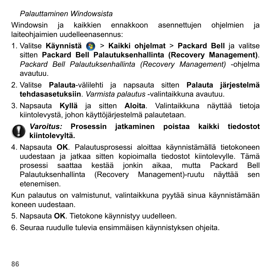 Palauttaminen windowsista | PACKARD BELL dot s series User Manual | Page 1218 / 2279
