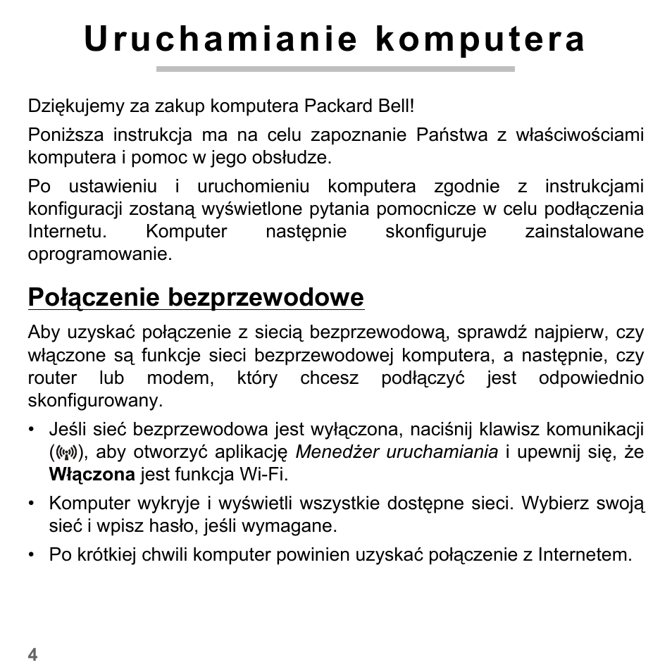 Uruchamianie komputera, Połączenie bezprzewodowe | PACKARD BELL dot s series User Manual | Page 1368 / 2279