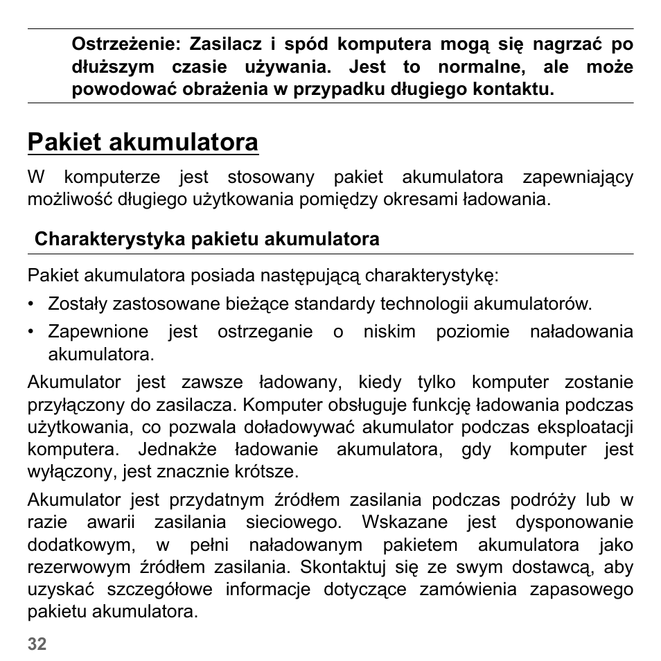 Pakiet akumulatora, Charakterystyka pakietu akumulatora | PACKARD BELL dot s series User Manual | Page 1396 / 2279