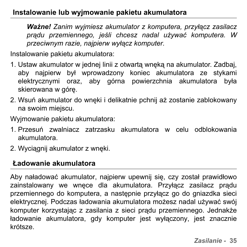 Instalowanie lub wyjmowanie pakietu akumulatora, Ładowanie akumulatora | PACKARD BELL dot s series User Manual | Page 1399 / 2279