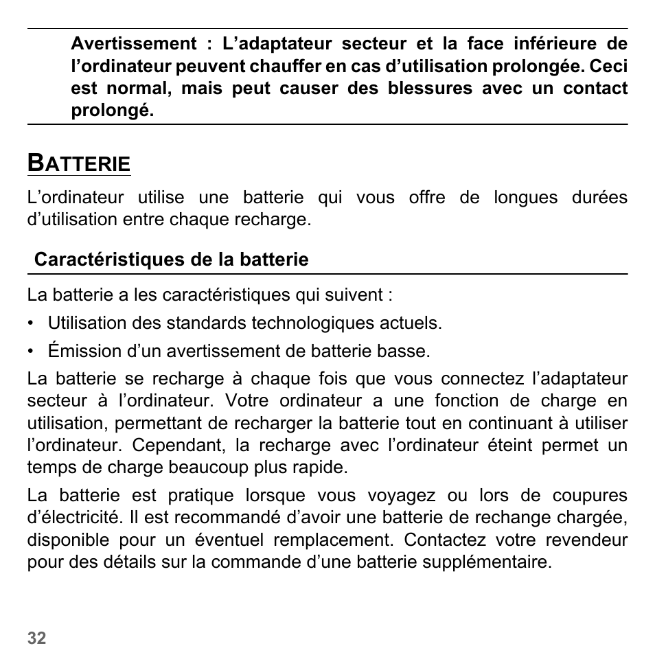 Batterie, Caractéristiques de la batterie | PACKARD BELL dot s series User Manual | Page 140 / 2279