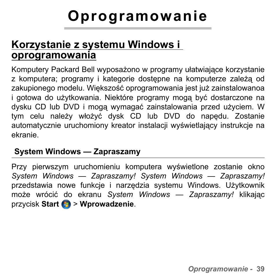 Oprogramowanie, Korzystanie z systemu windows i oprogramowania, System windows - zapraszamy | System windows — zapraszamy | PACKARD BELL dot s series User Manual | Page 1403 / 2279