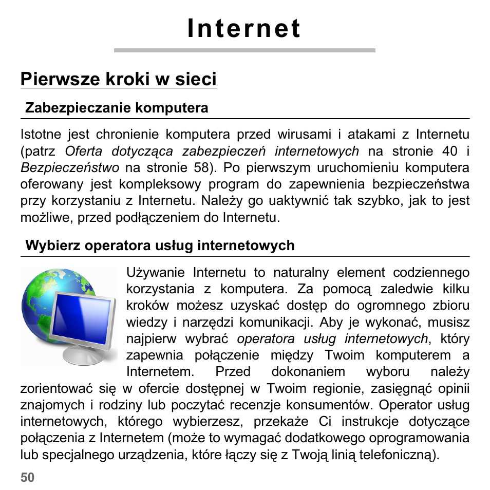 Internet, Pierwsze kroki w sieci, Zabezpieczanie komputera | Wybierz operatora usług internetowych | PACKARD BELL dot s series User Manual | Page 1414 / 2279