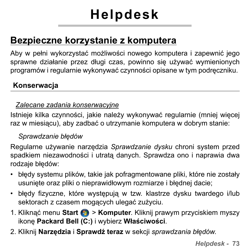 Helpdesk, Bezpieczne korzystanie z komputera, Konserwacja | PACKARD BELL dot s series User Manual | Page 1437 / 2279