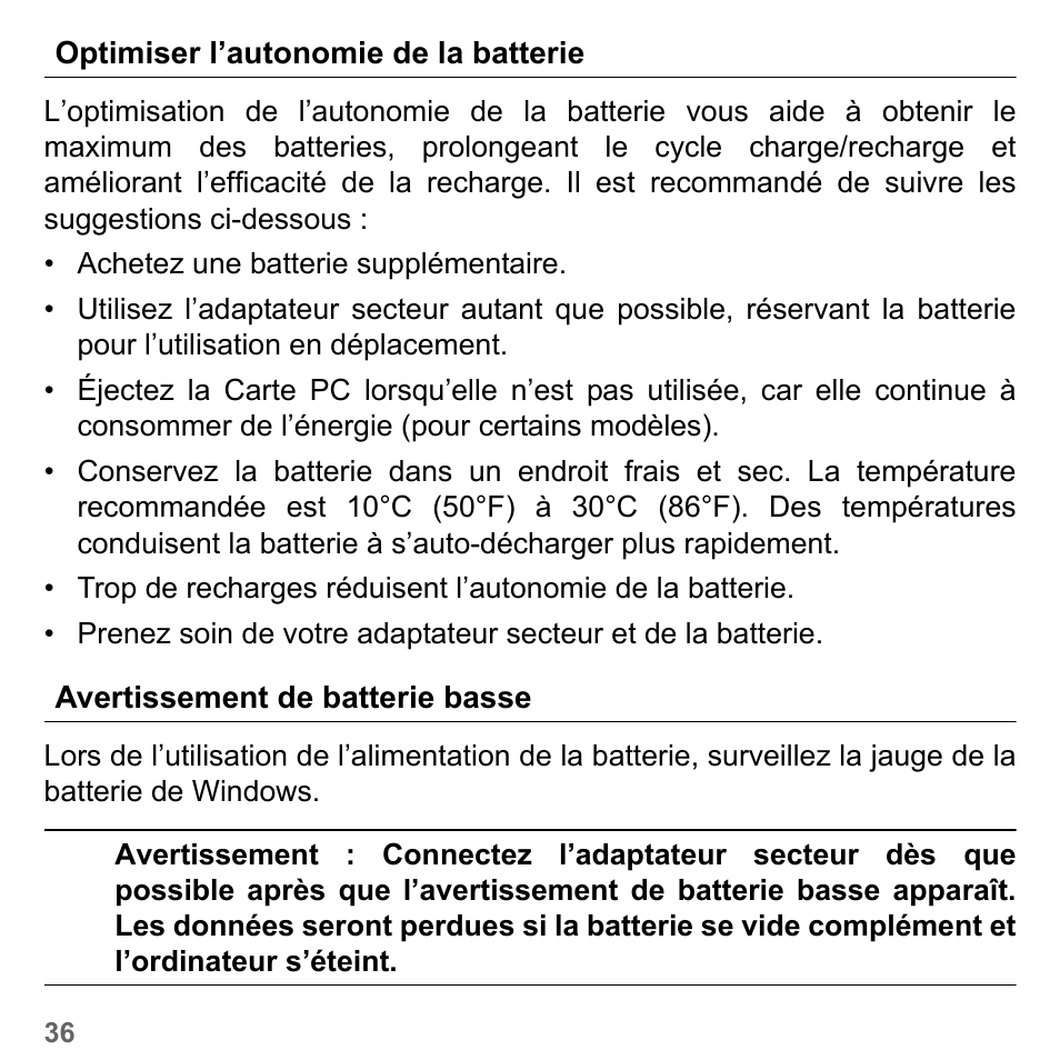 Optimiser l’autonomie de la batterie, Avertissement de batterie basse | PACKARD BELL dot s series User Manual | Page 144 / 2279