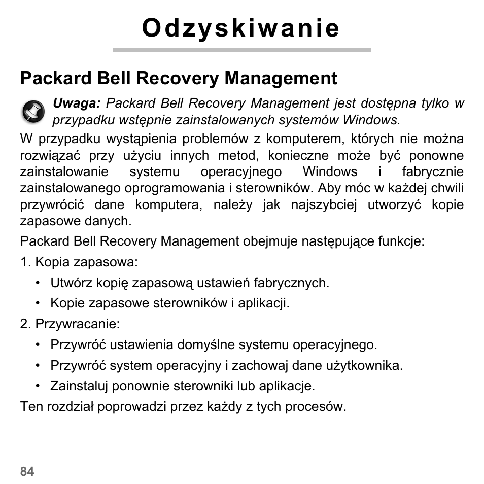 Odzyskiwanie, Packard bell recovery management | PACKARD BELL dot s series User Manual | Page 1448 / 2279