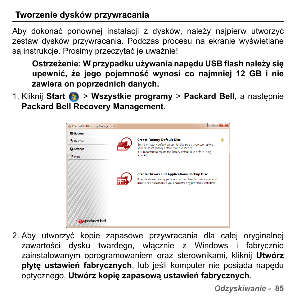 Tworzenie dysków przywracania | PACKARD BELL dot s series User Manual | Page 1449 / 2279