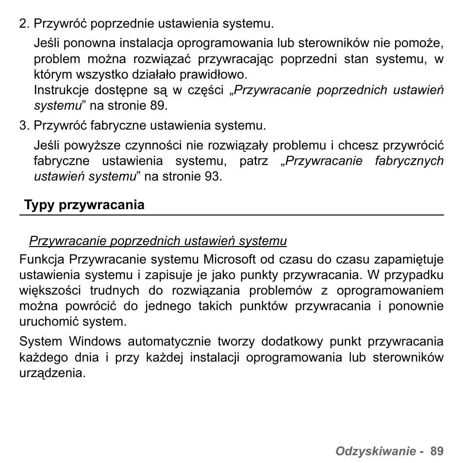 Typy przywracania | PACKARD BELL dot s series User Manual | Page 1453 / 2279