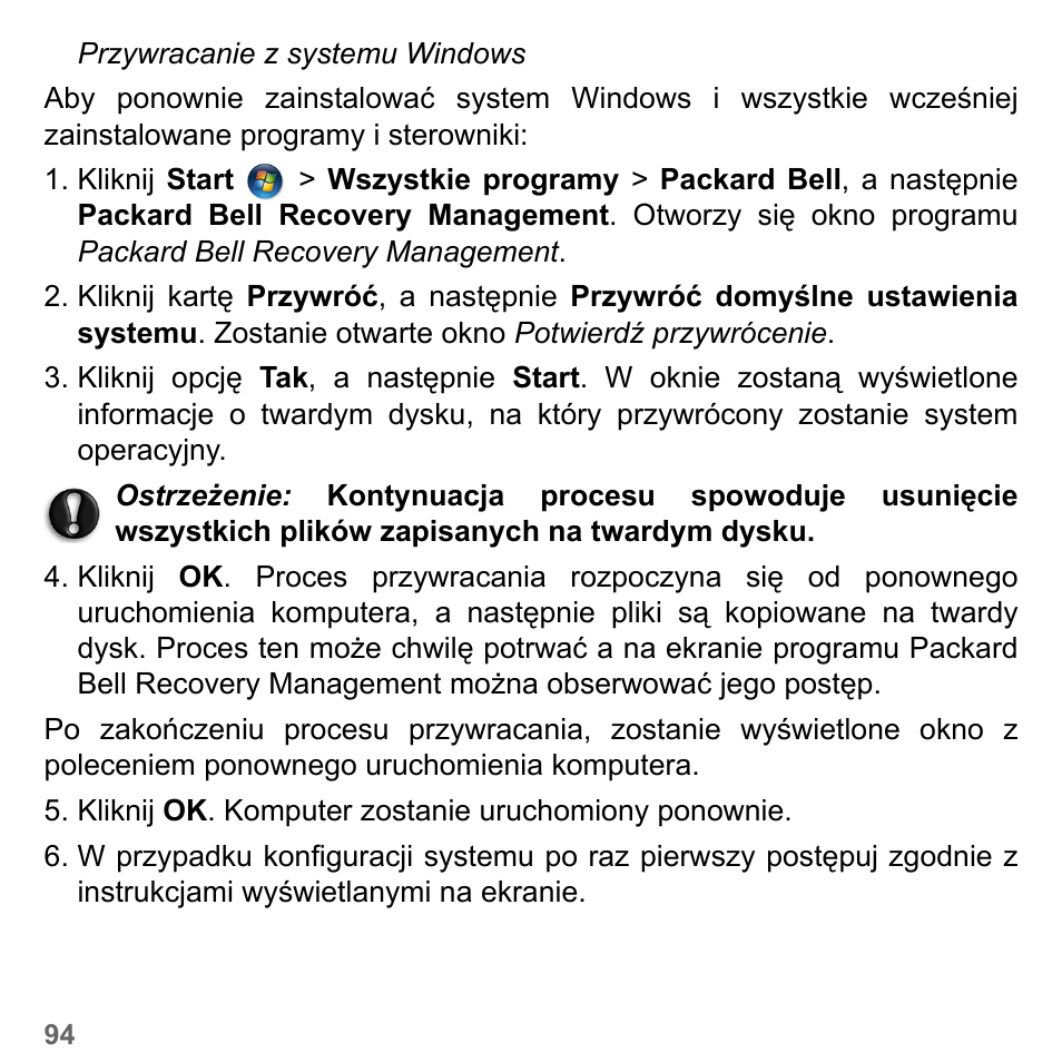 Przywracanie z, Systemu windows ” poni | PACKARD BELL dot s series User Manual | Page 1458 / 2279