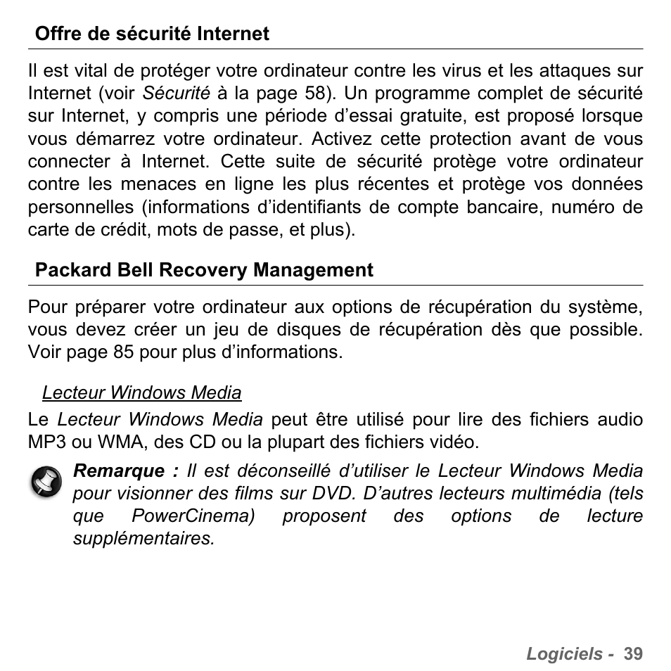 Offre de sécurité internet, Packard bell recovery management | PACKARD BELL dot s series User Manual | Page 147 / 2279