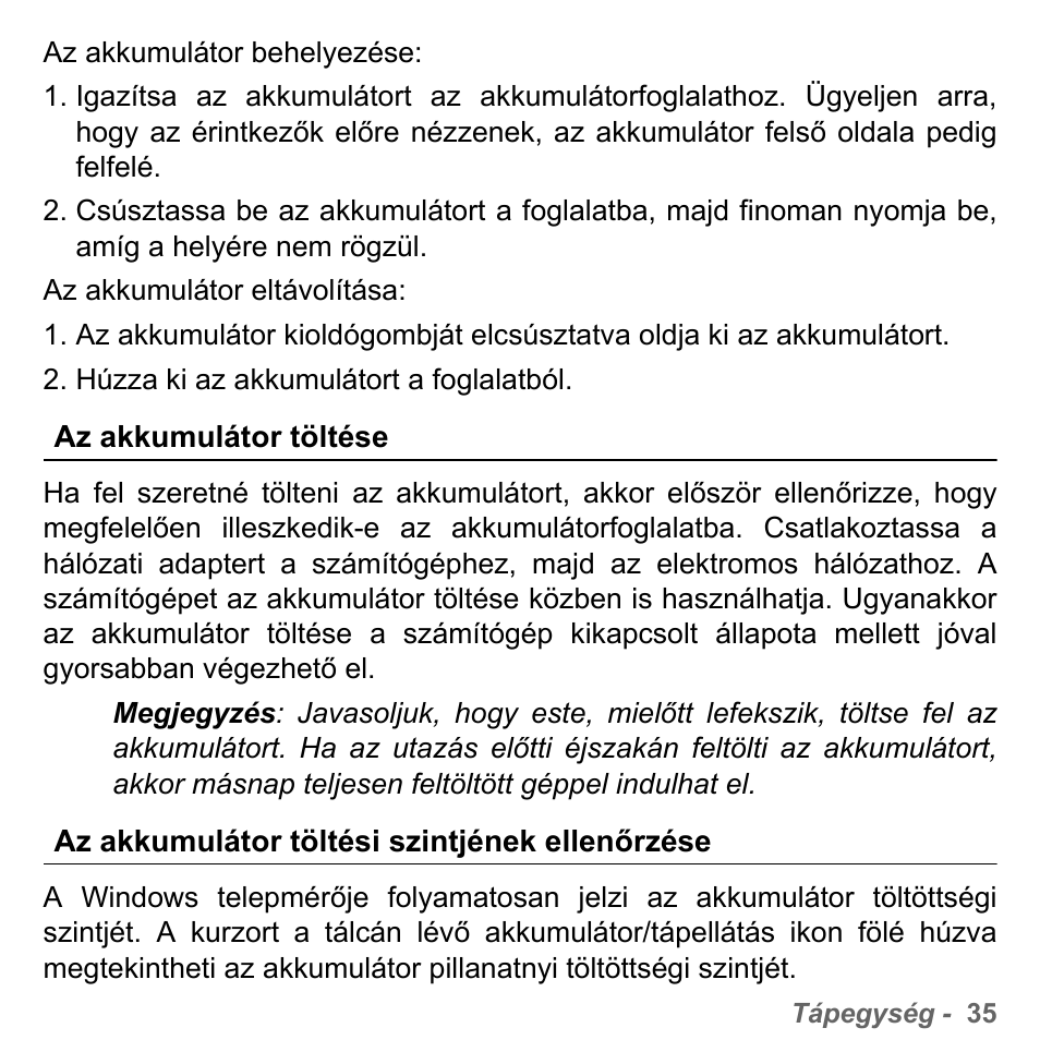 Az akkumulátor töltése, Az akkumulátor töltési szintjének ellenőrzése | PACKARD BELL dot s series User Manual | Page 1513 / 2279