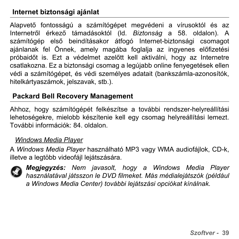 Internet biztonsági ajánlat, Packard bell recovery management | PACKARD BELL dot s series User Manual | Page 1517 / 2279