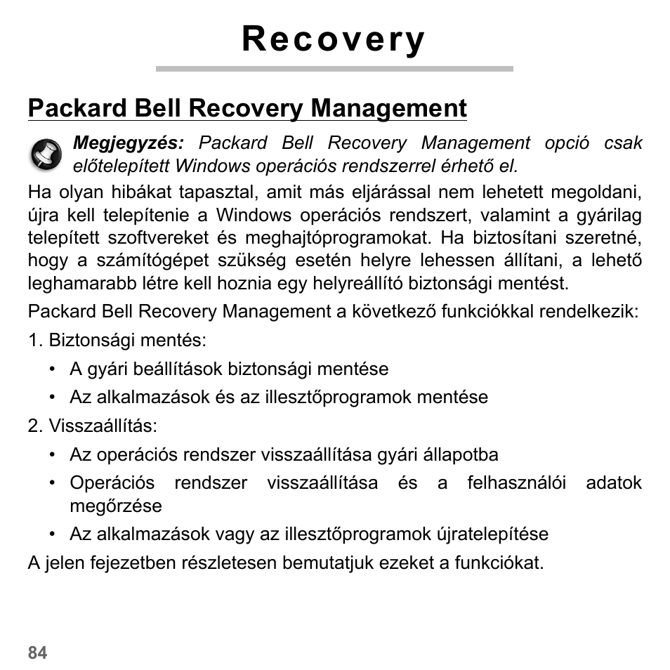 Recovery, Packard bell recovery management | PACKARD BELL dot s series User Manual | Page 1562 / 2279