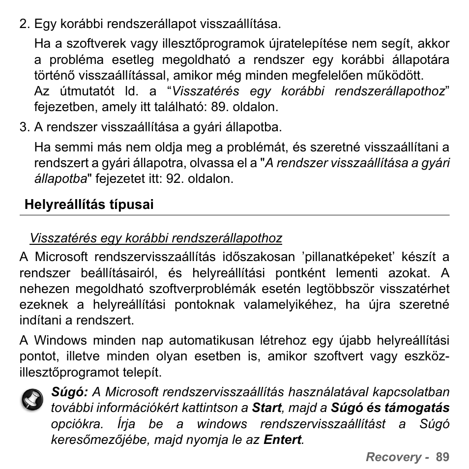 Helyreállítás típusai | PACKARD BELL dot s series User Manual | Page 1567 / 2279