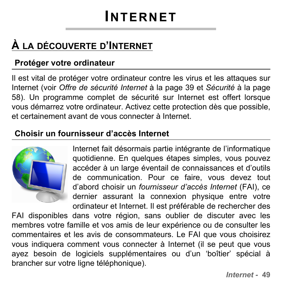 Internet, À la découverte d’internet, Protéger votre ordinateur | Choisir un fournisseur d’accès internet, Protéger votre ordinateur choisir un f | PACKARD BELL dot s series User Manual | Page 157 / 2279