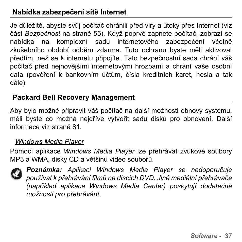 Nabídka zabezpečení sítě internet, Packard bell recovery management | PACKARD BELL dot s series User Manual | Page 1629 / 2279