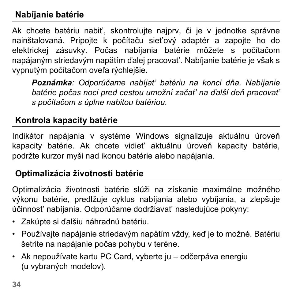 Nabíjanie batérie, Kontrola kapacity batérie, Optimalizácia životnosti batérie | PACKARD BELL dot s series User Manual | Page 1736 / 2279