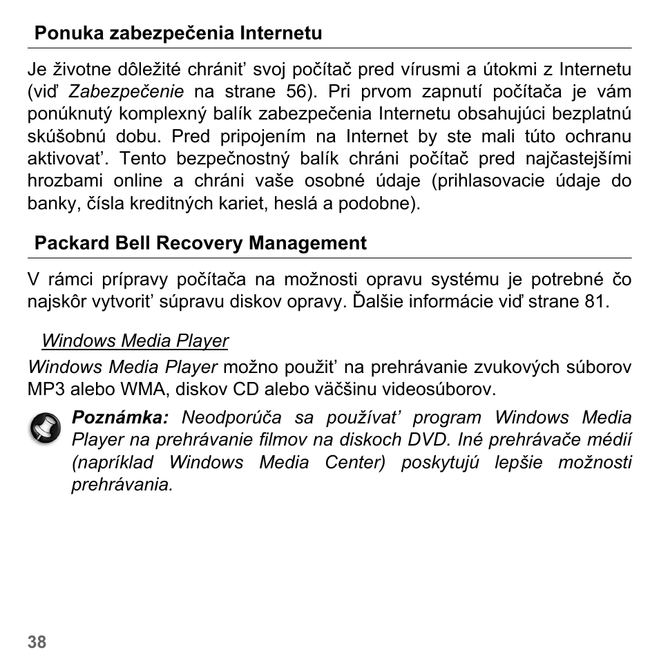 Ponuka zabezpečenia internetu, Packard bell recovery management | PACKARD BELL dot s series User Manual | Page 1740 / 2279