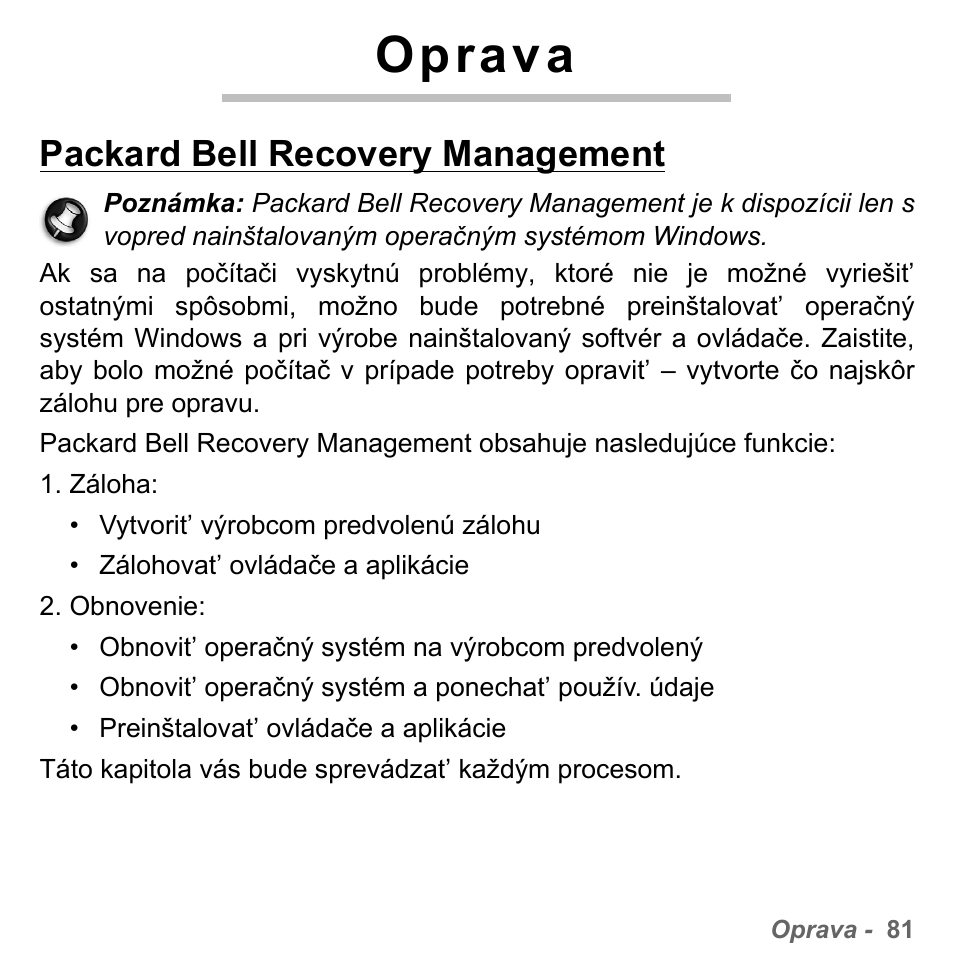 Oprava, Packard bell recovery management | PACKARD BELL dot s series User Manual | Page 1783 / 2279