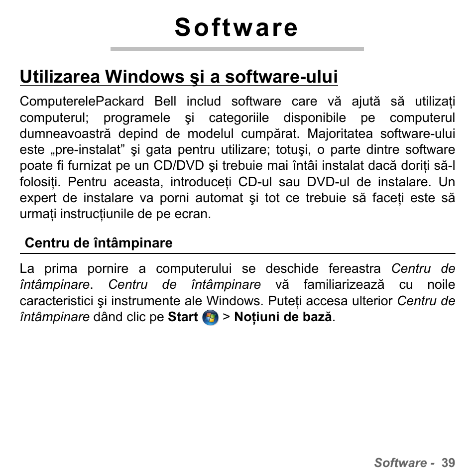 Software, Utilizarea windows şi a software-ului, Centru de întâmpinare | PACKARD BELL dot s series User Manual | Page 1851 / 2279