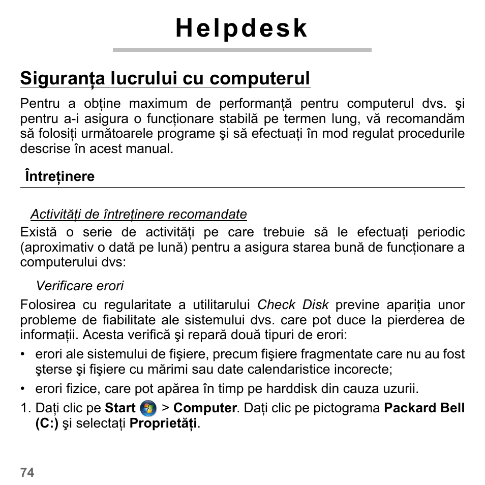 Helpdesk, Siguranţa lucrului cu computerul, Întreţinere | PACKARD BELL dot s series User Manual | Page 1886 / 2279