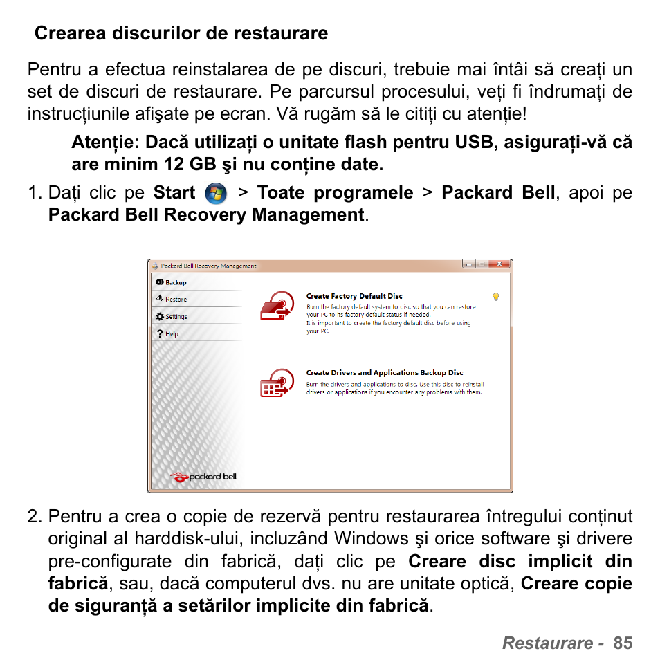 Crearea discurilor de restaurare | PACKARD BELL dot s series User Manual | Page 1897 / 2279