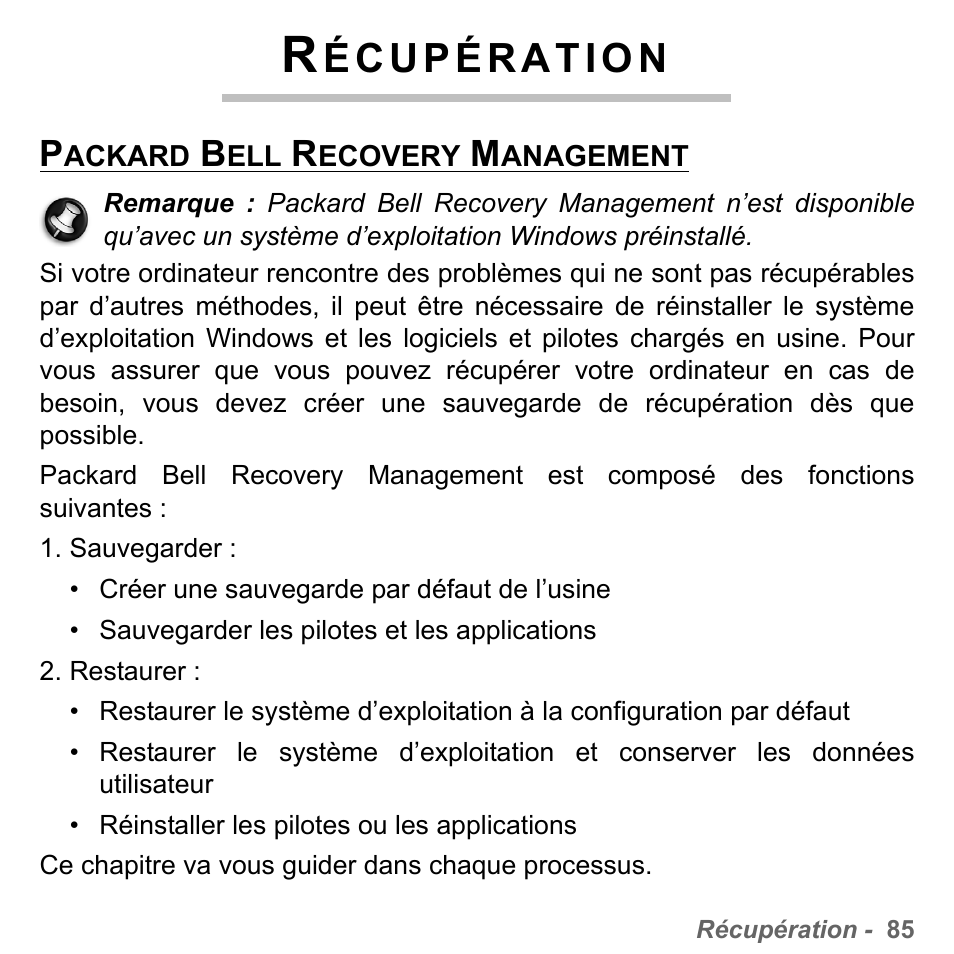 Récupération, Packard bell recovery management | PACKARD BELL dot s series User Manual | Page 193 / 2279
