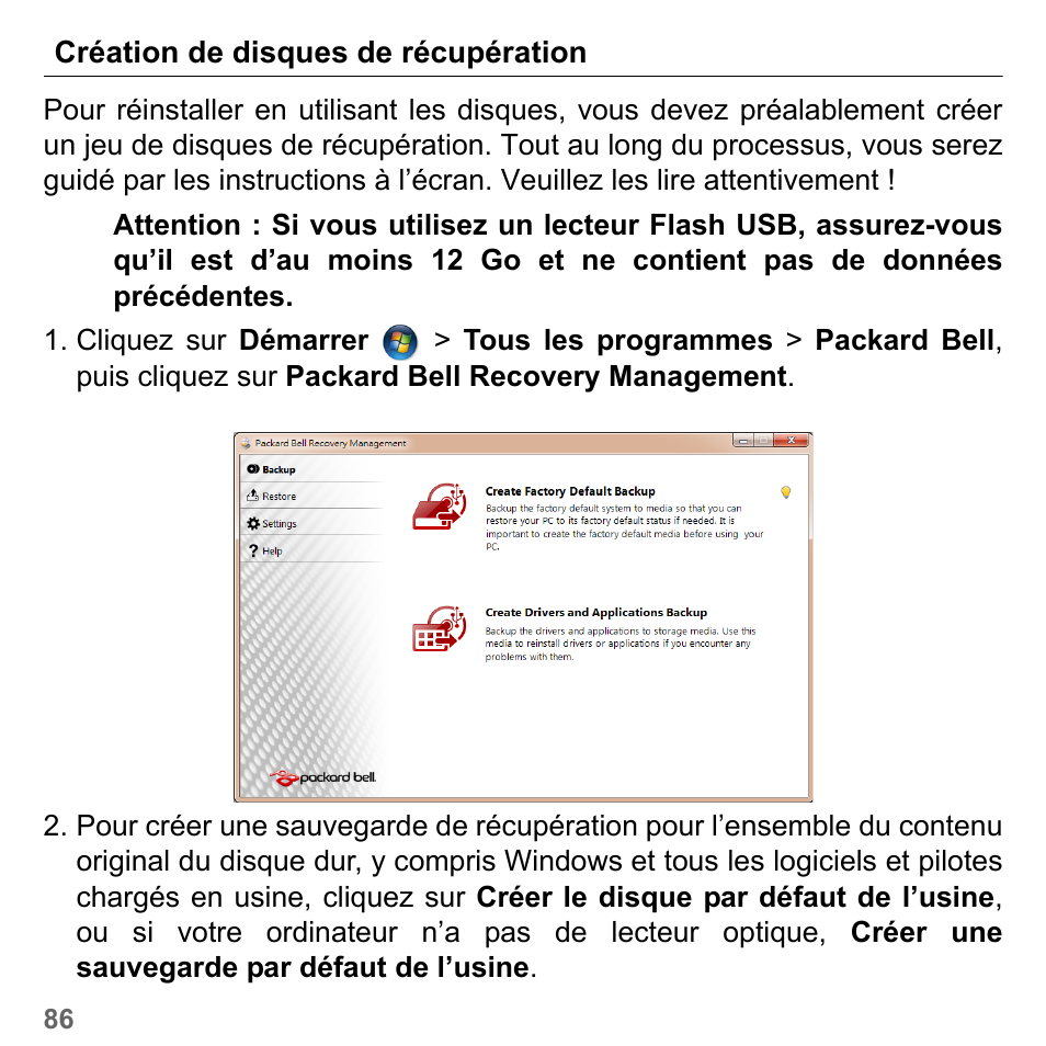 Création de disques de récupération | PACKARD BELL dot s series User Manual | Page 194 / 2279