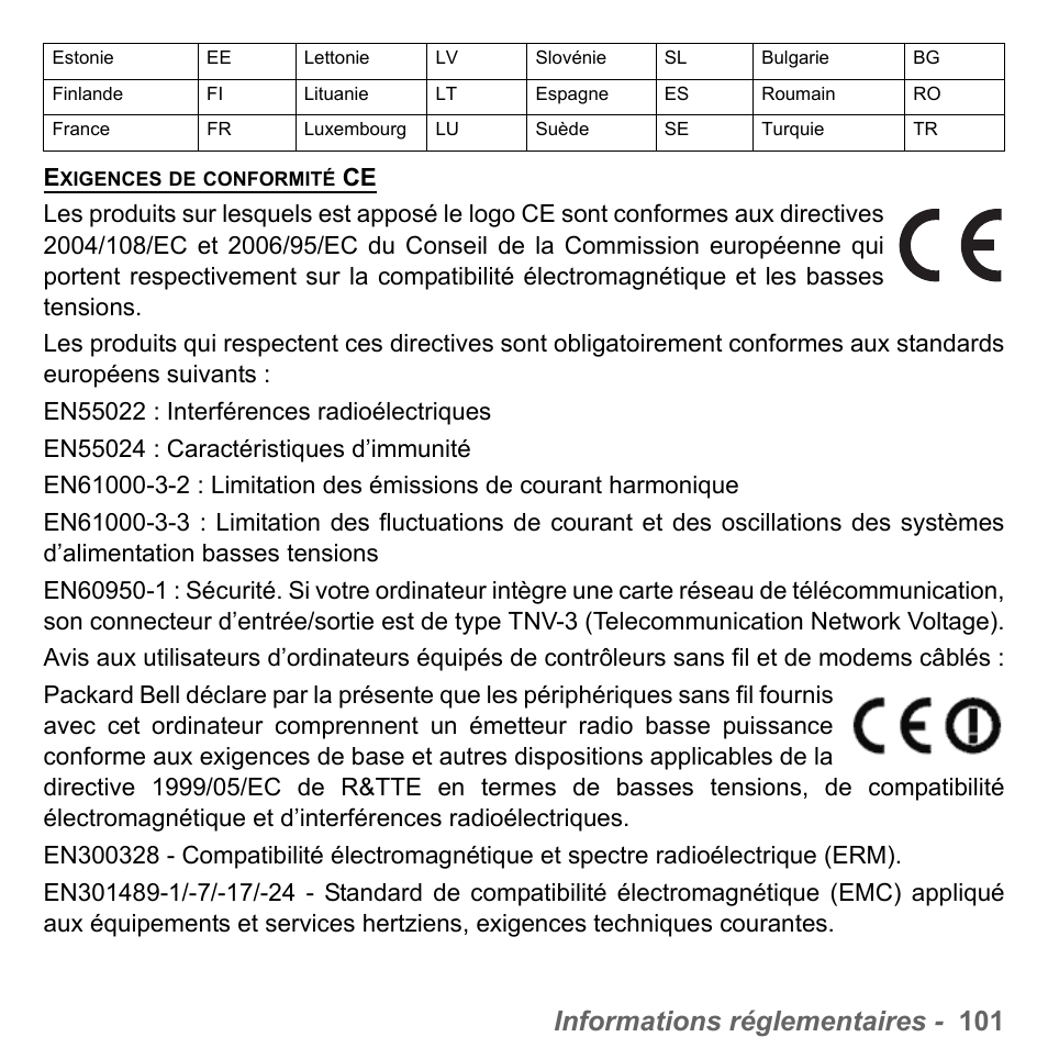 Informations réglementaires - 101 | PACKARD BELL dot s series User Manual | Page 209 / 2279