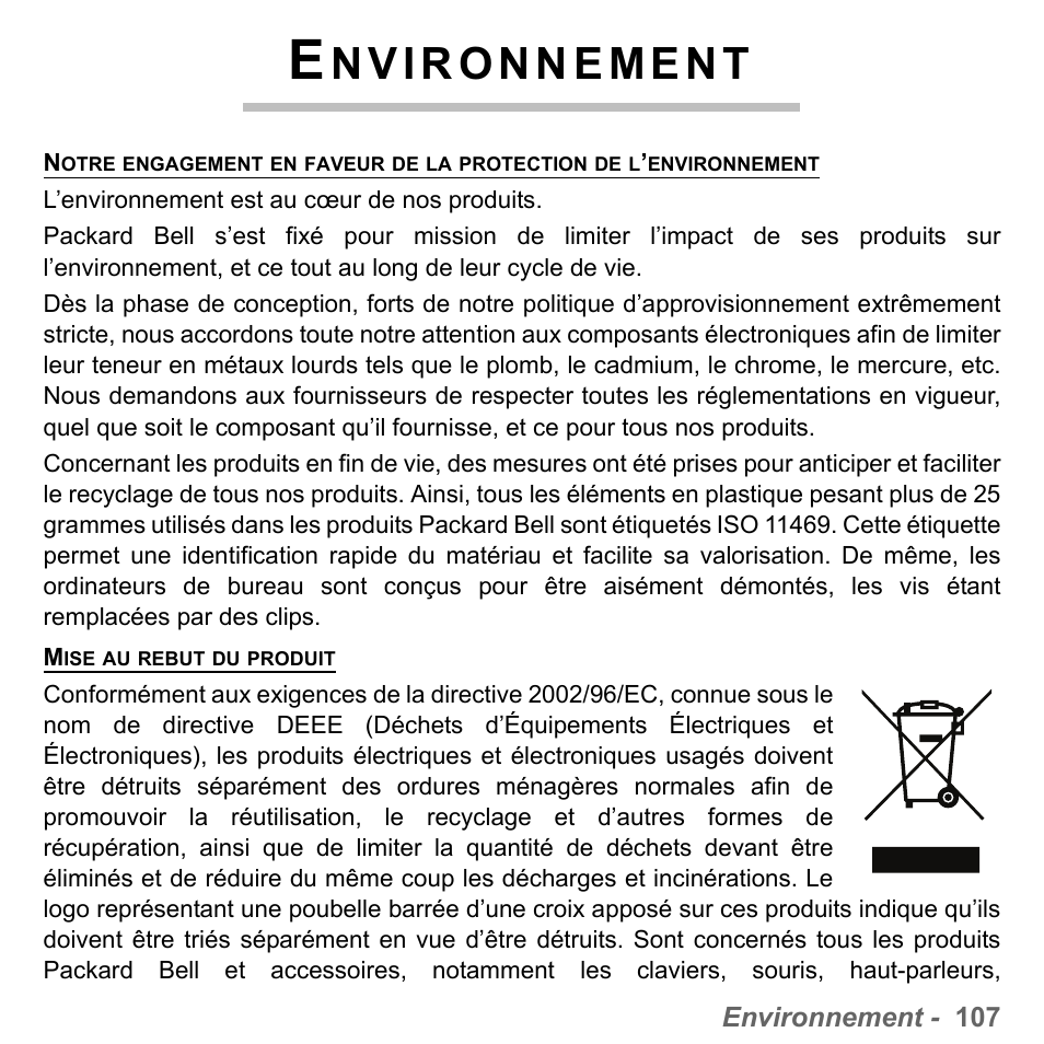 Environnement, Environnement - 107 | PACKARD BELL dot s series User Manual | Page 215 / 2279