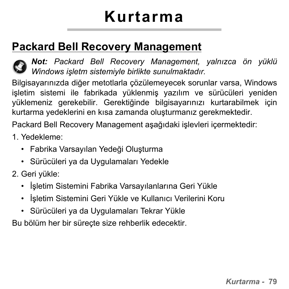 Kurtarma, Packard bell recovery management | PACKARD BELL dot s series User Manual | Page 2251 / 2279