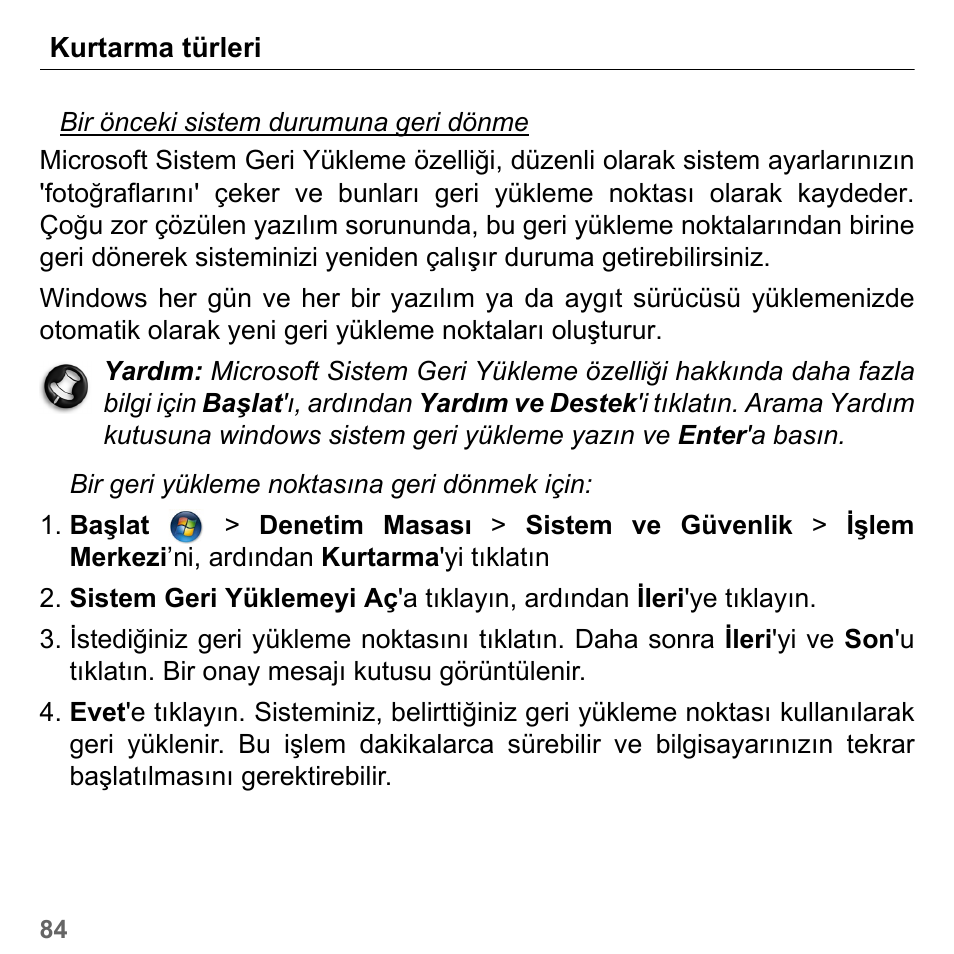 Kurtarma türleri | PACKARD BELL dot s series User Manual | Page 2256 / 2279