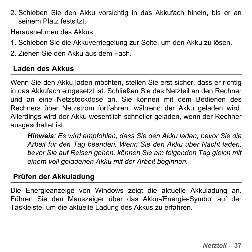 Laden des akkus, Prüfen der akkuladung | PACKARD BELL dot s series User Manual | Page 261 / 2279