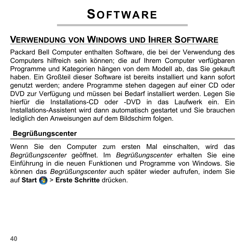 Software, Verwendung von windows und ihrer software, Begrüßungscenter | PACKARD BELL dot s series User Manual | Page 264 / 2279