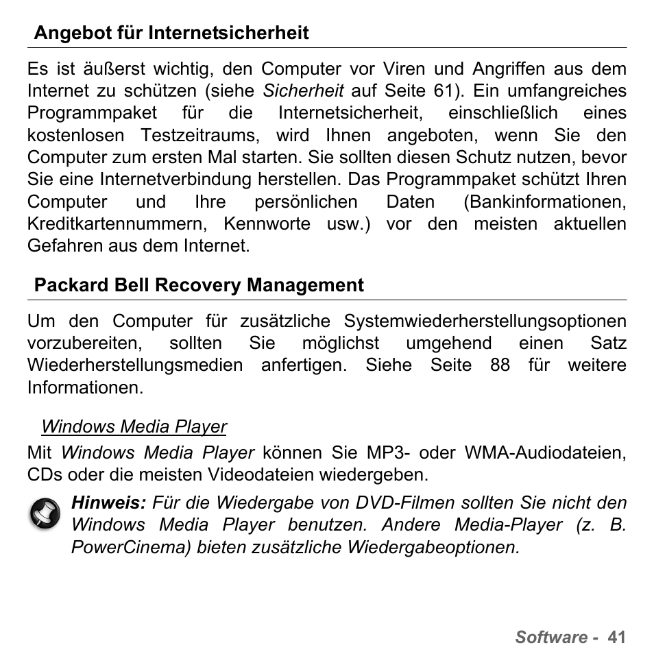 Angebot für internetsicherheit, Packard bell recovery management | PACKARD BELL dot s series User Manual | Page 265 / 2279