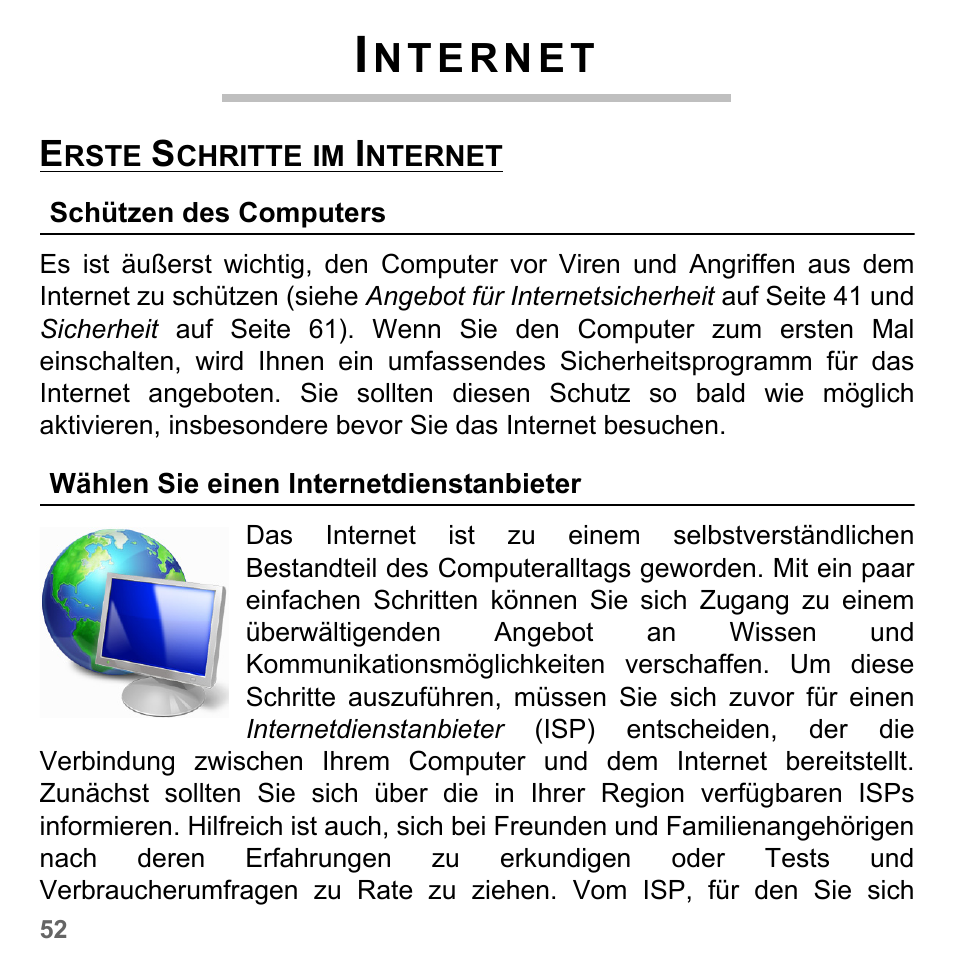 Internet, Erste schritte im internet, Schützen des computers | Wählen sie einen internetdienstanbieter, Schützen des computers wählen sie einen in | PACKARD BELL dot s series User Manual | Page 276 / 2279