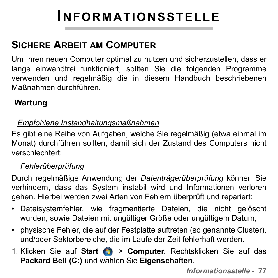 Informationsstelle, Sichere arbeit am computer, Wartung | PACKARD BELL dot s series User Manual | Page 301 / 2279