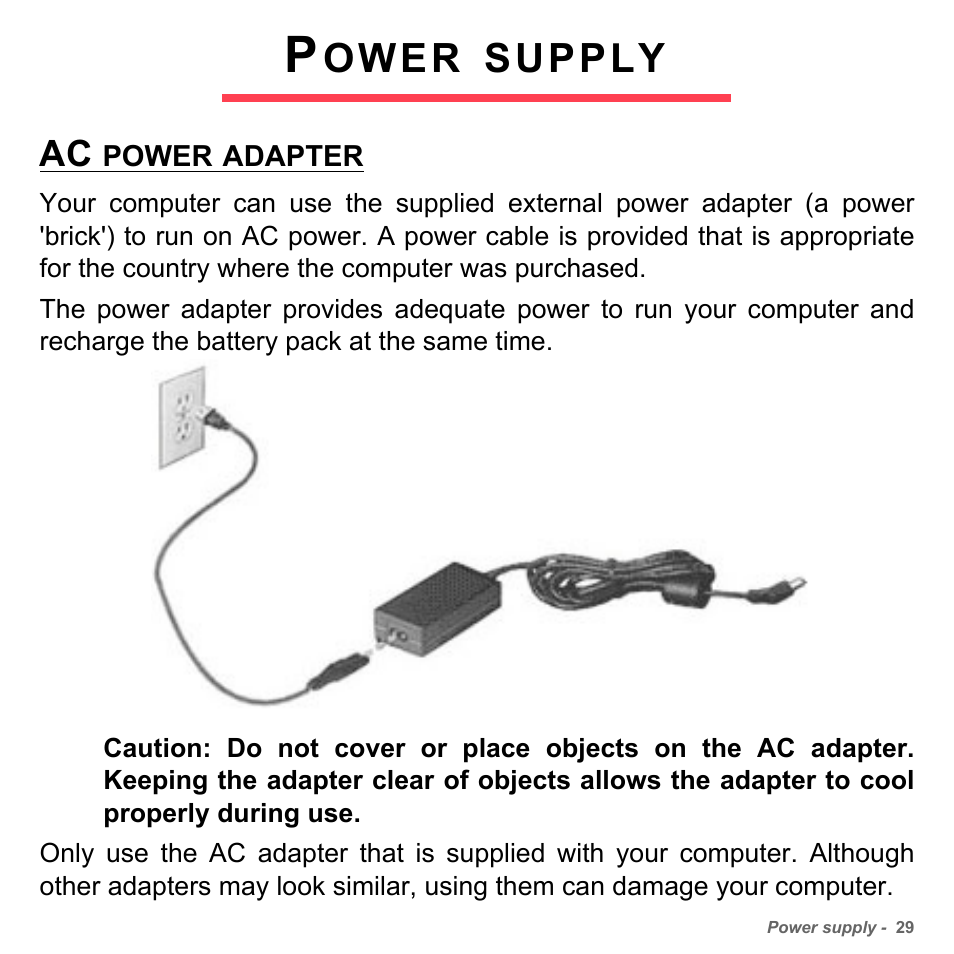 Power supply, Ac power adapter, Ower | Supply | PACKARD BELL dot s series User Manual | Page 31 / 2279