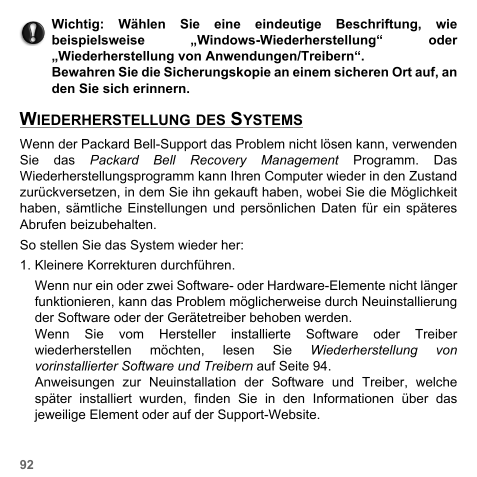 Wiederherstellung des systems | PACKARD BELL dot s series User Manual | Page 316 / 2279