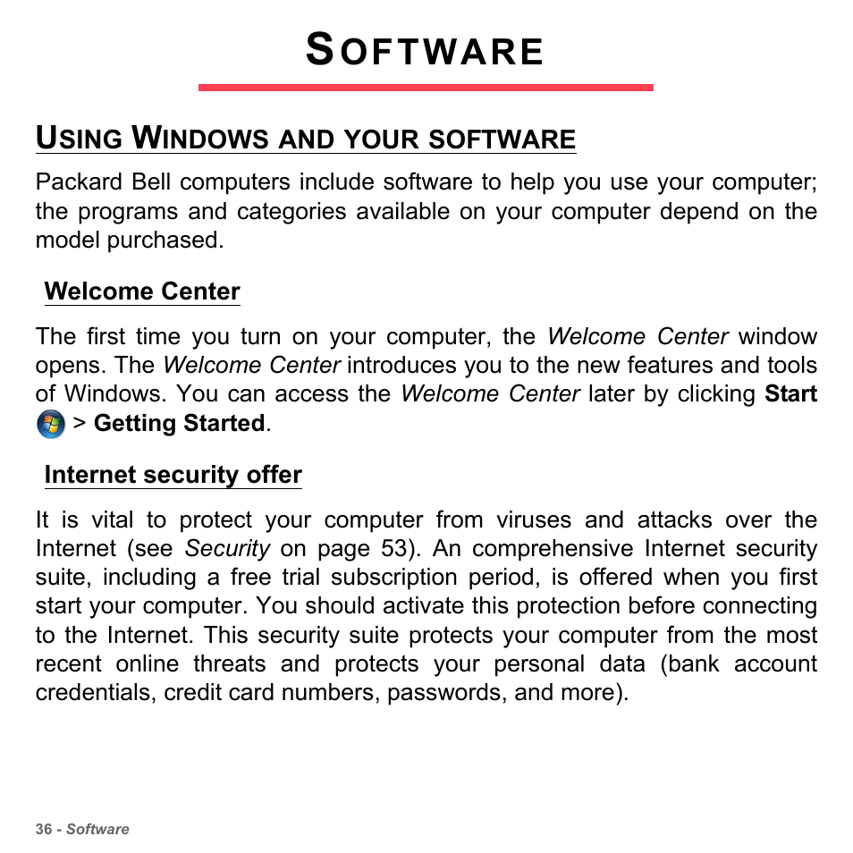 Software, Using windows and your software, Welcome center | Internet security offer, Oftware | PACKARD BELL dot s series User Manual | Page 38 / 2279