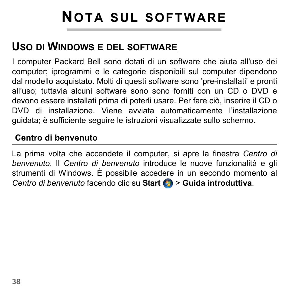 Nota sul software, Uso di windows e del software, Centro di benvenuto | O t a, S u l | PACKARD BELL dot s series User Manual | Page 382 / 2279