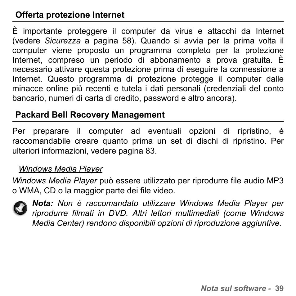 Offerta protezione internet, Packard bell recovery management | PACKARD BELL dot s series User Manual | Page 383 / 2279