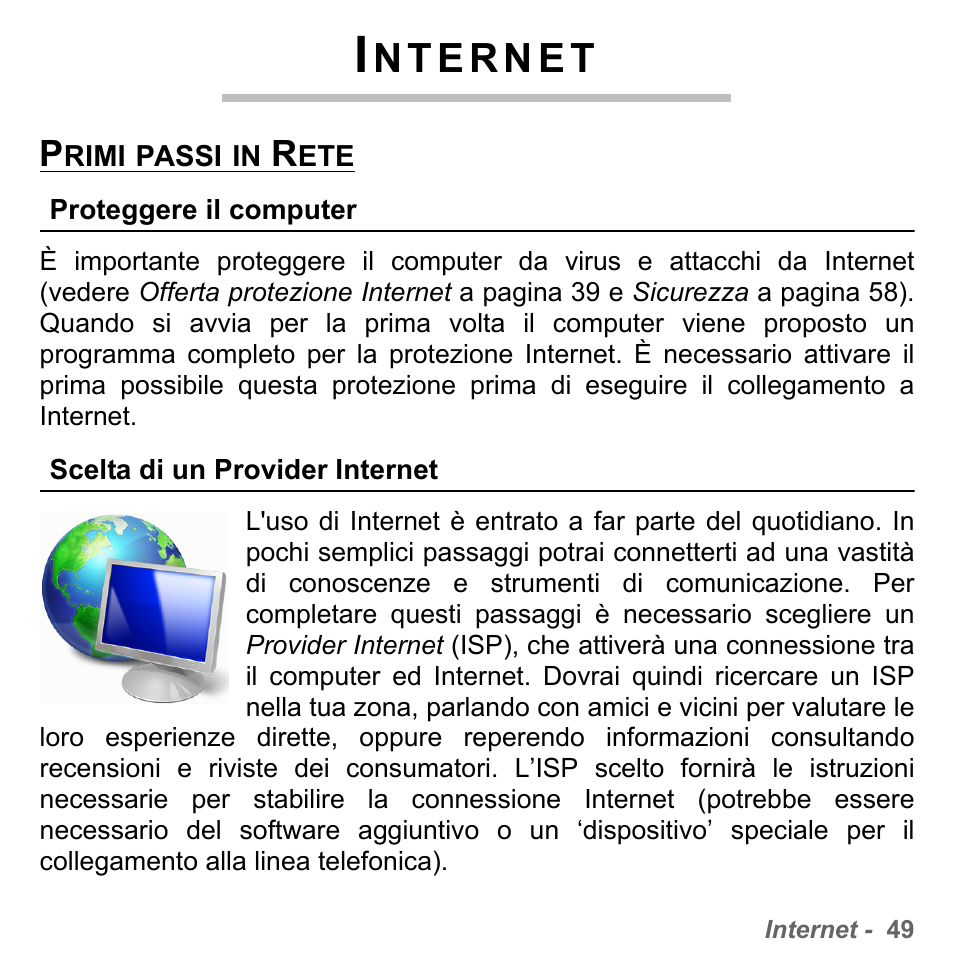 Internet, Primi passi in rete, Proteggere il computer | Scelta di un provider internet, Proteggere il computer scelta di un p | PACKARD BELL dot s series User Manual | Page 393 / 2279