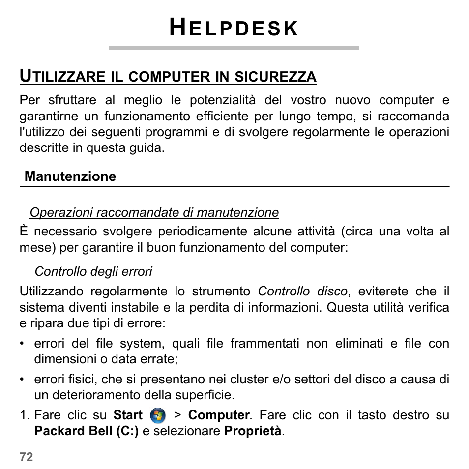 Helpdesk, Utilizzare il computer in sicurezza, Manutenzione | PACKARD BELL dot s series User Manual | Page 416 / 2279