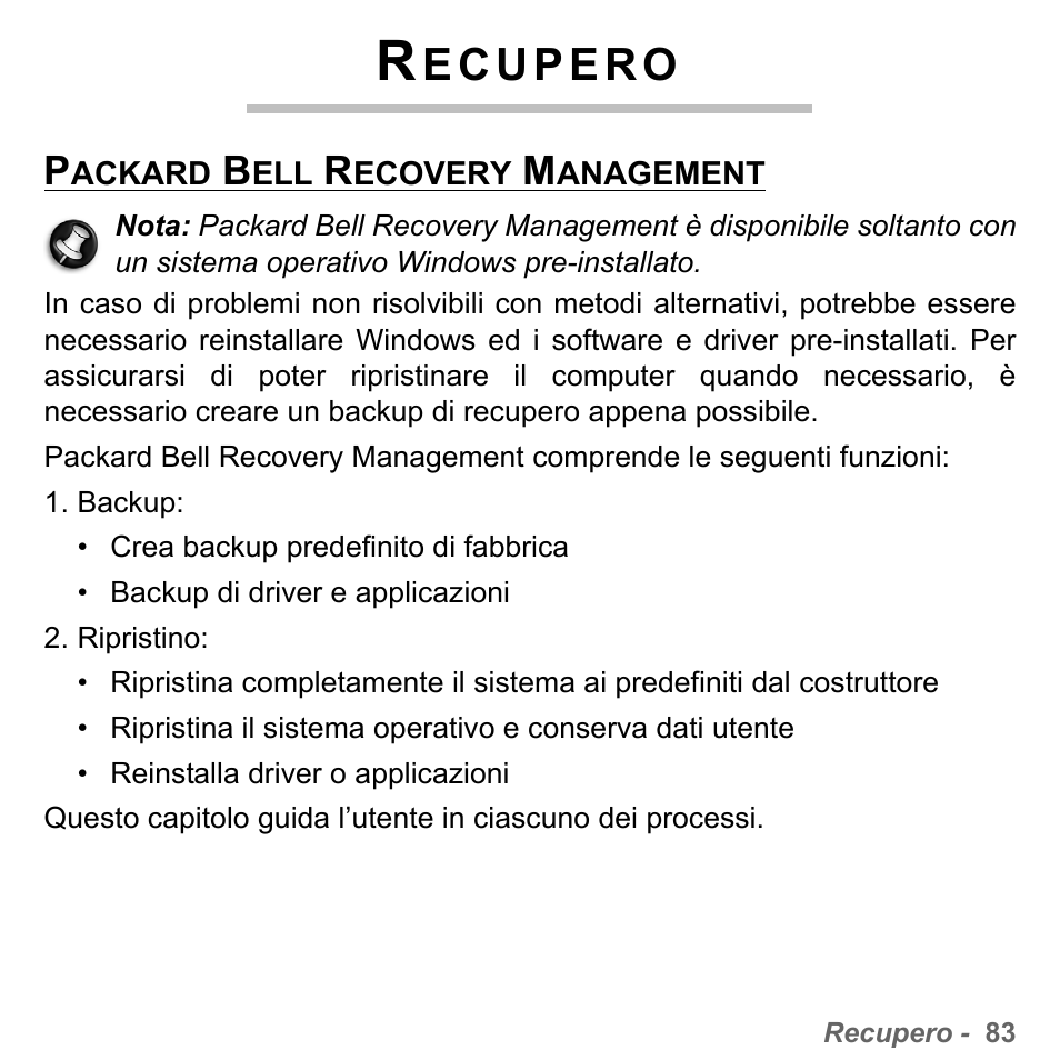 Recupero, Packard bell recovery management | PACKARD BELL dot s series User Manual | Page 427 / 2279