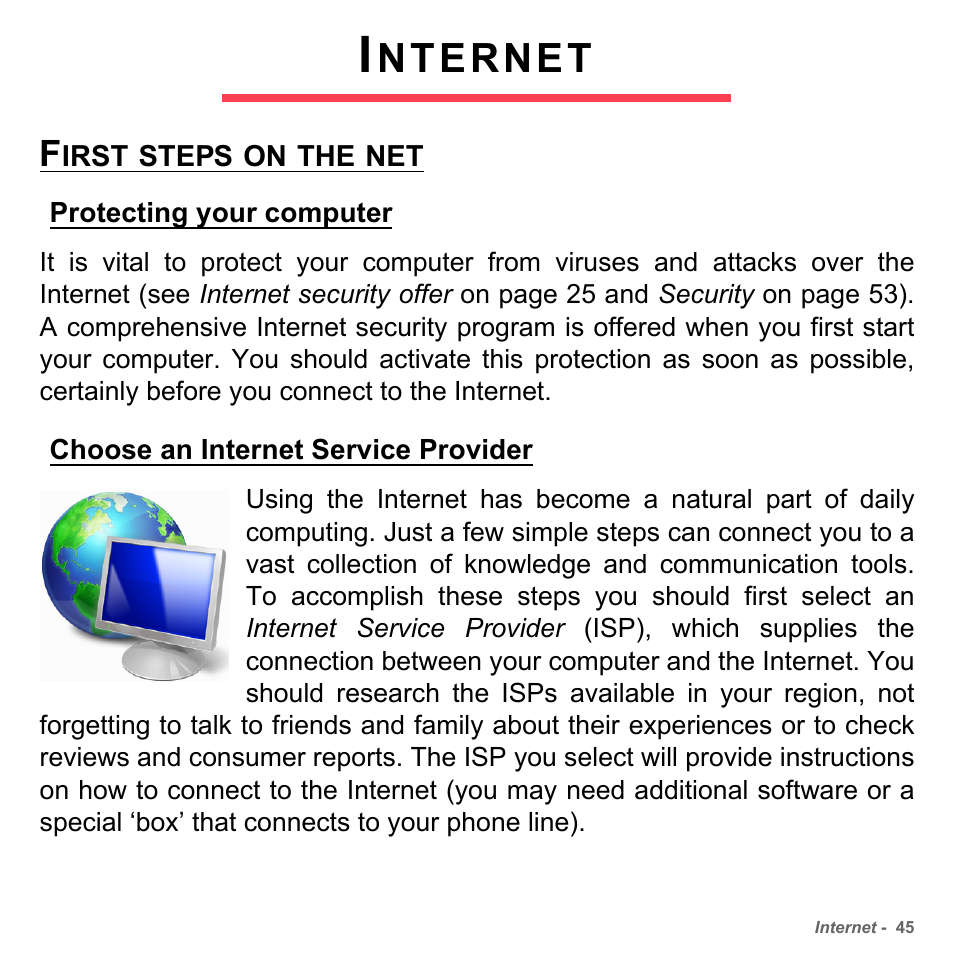 Internet, First steps on the net, Protecting your computer | Choose an internet service provider, Nternet | PACKARD BELL dot s series User Manual | Page 47 / 2279