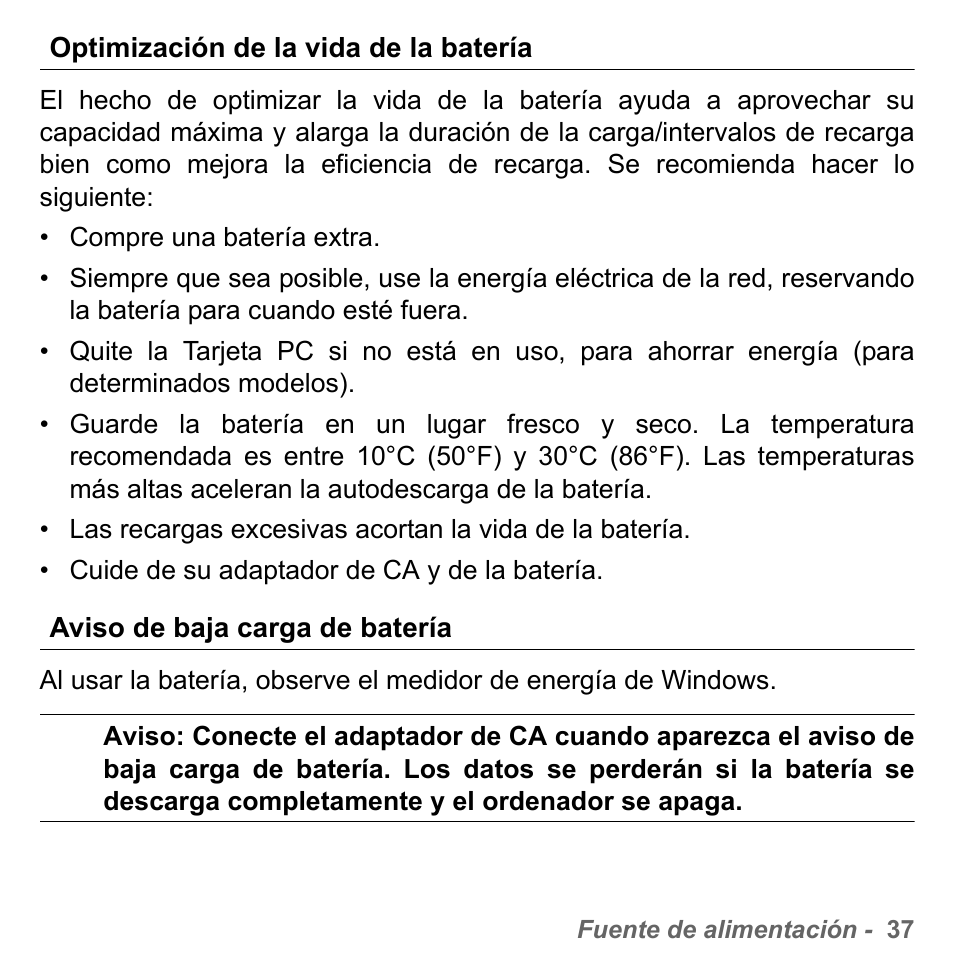 Optimización de la vida de la batería, Aviso de baja carga de batería | PACKARD BELL dot s series User Manual | Page 495 / 2279