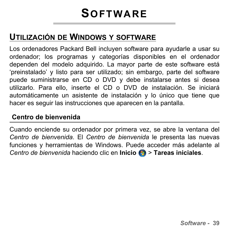 Software, Utilización de windows y software, Centro de bienvenida | PACKARD BELL dot s series User Manual | Page 497 / 2279