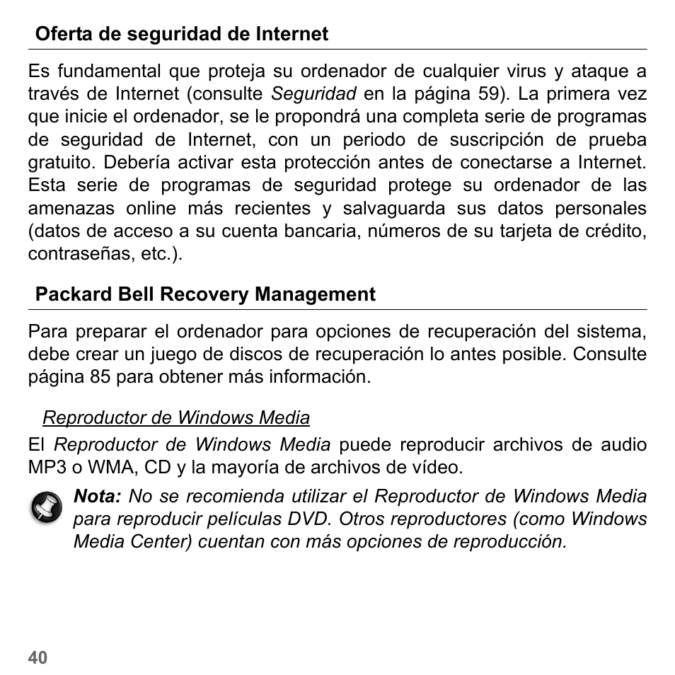 Oferta de seguridad de internet, Packard bell recovery management | PACKARD BELL dot s series User Manual | Page 498 / 2279