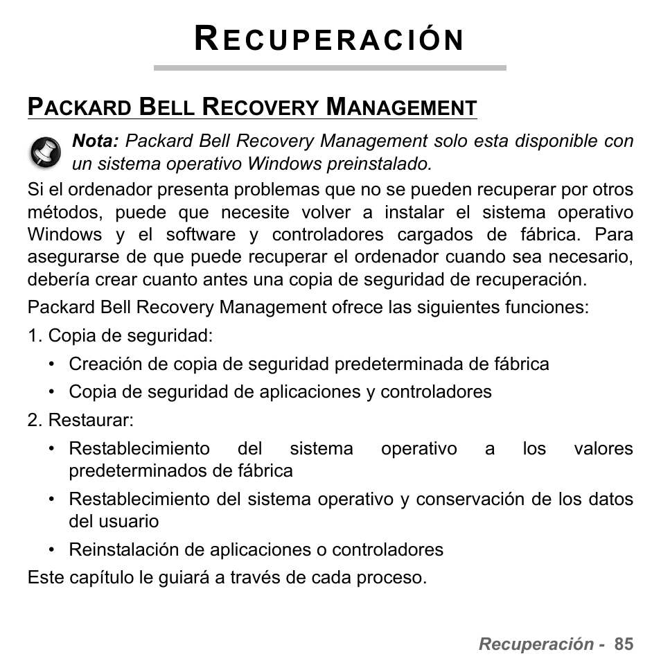 Recuperación, Packard bell recovery management | PACKARD BELL dot s series User Manual | Page 543 / 2279